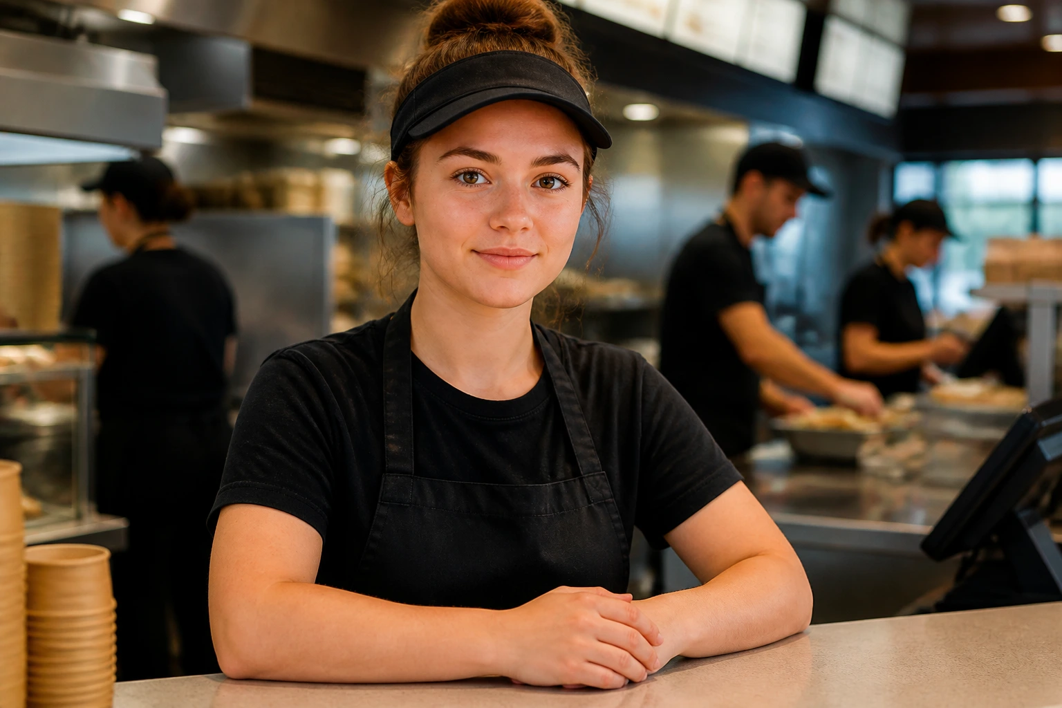 Focused crew member in cafe, symbolizing hiring skills