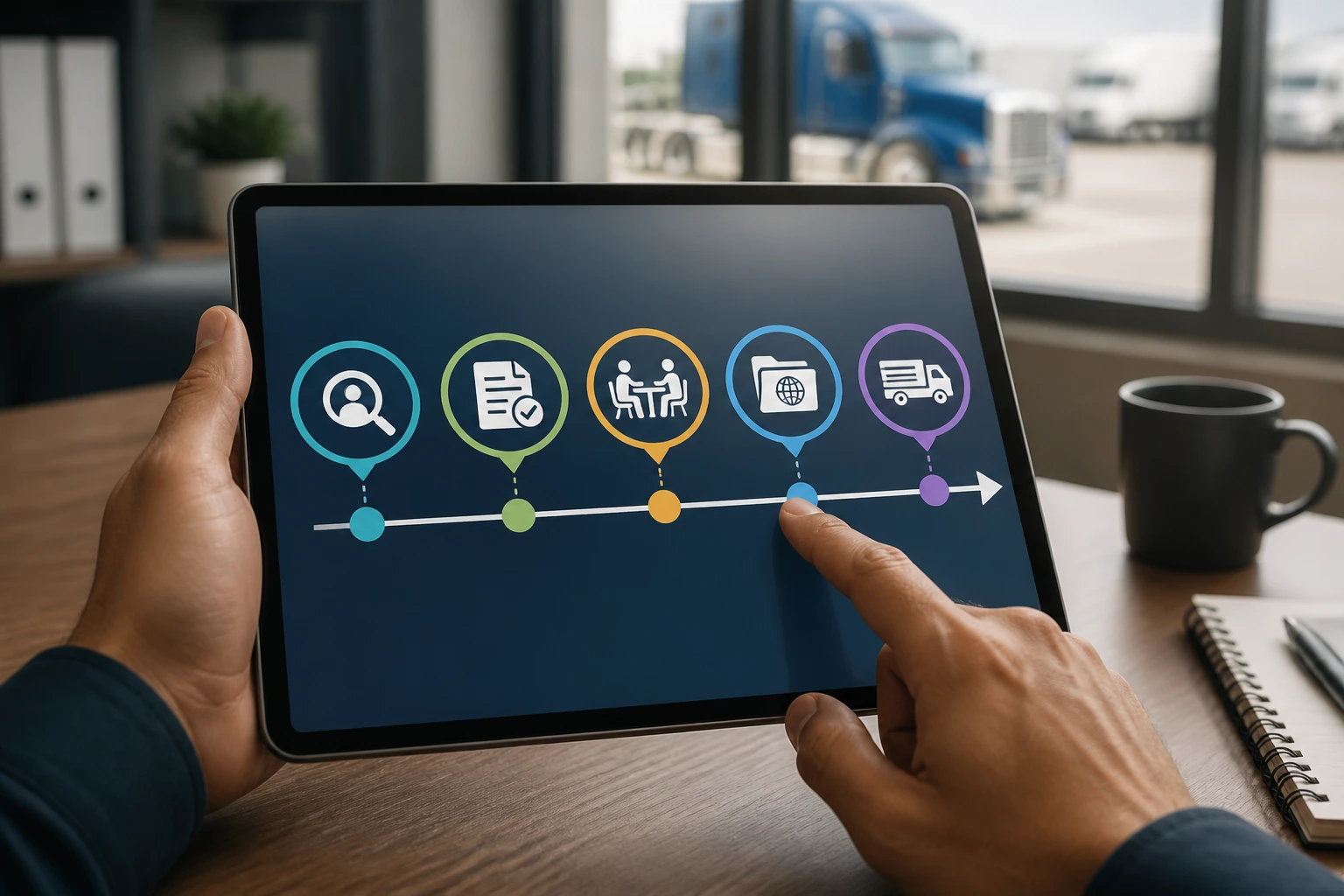 Tablet showing a simplified, text-free hiring timeline for trucking sponsorship
