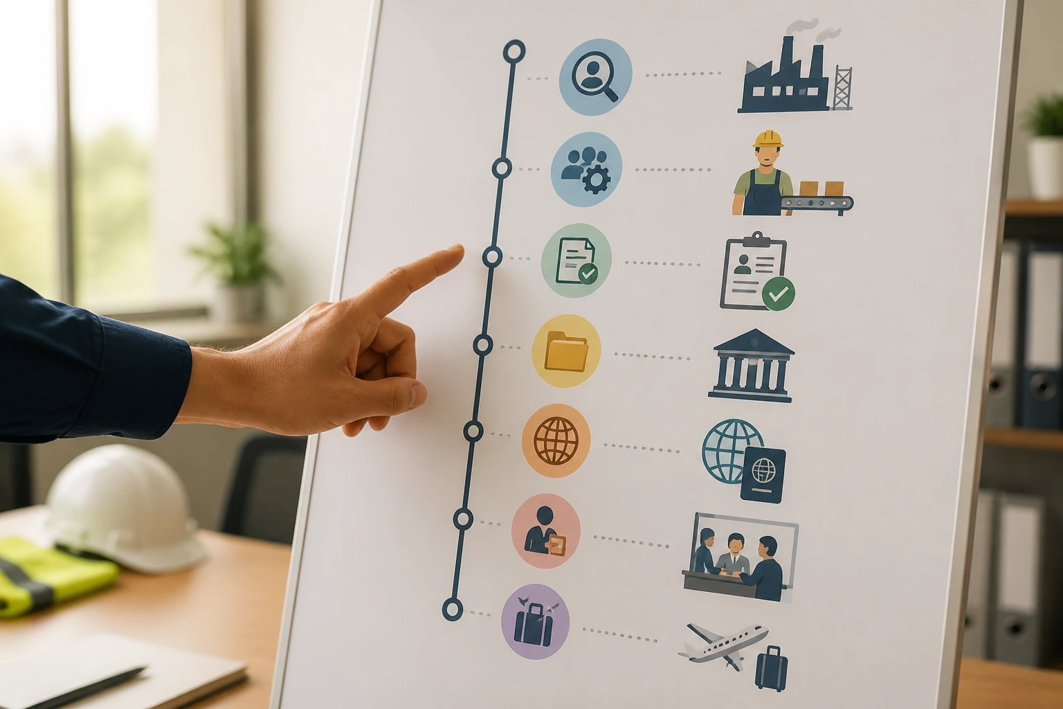 Hand pointing at a vertical timeline with stages in an office