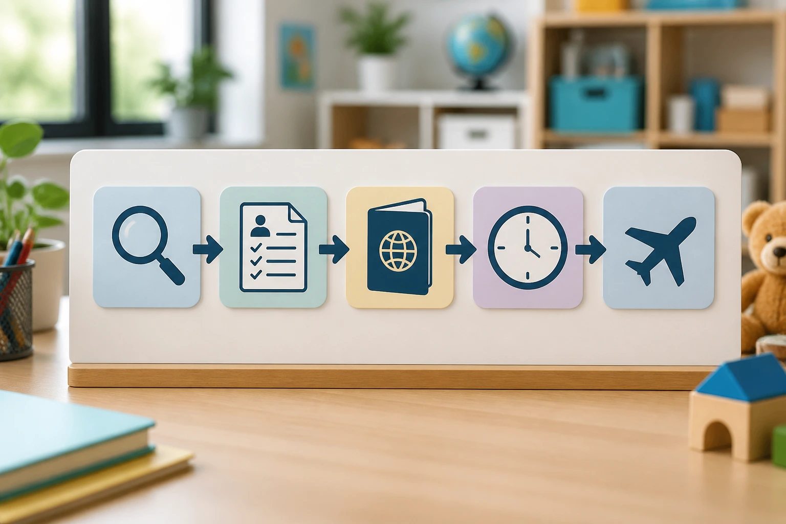 Desk timeline with pictogram icons depicting hiring steps.