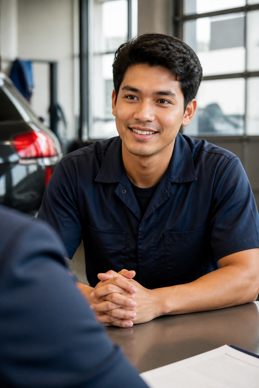 Job applicant in car wash uniform during interview in a clean setting