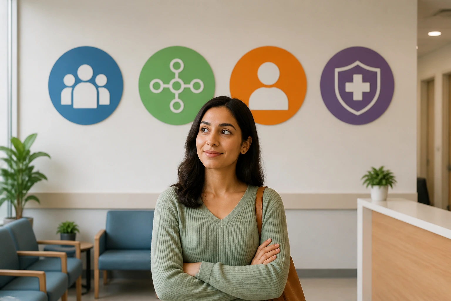 Person in waiting area with four abstract color icons behind representing plan types