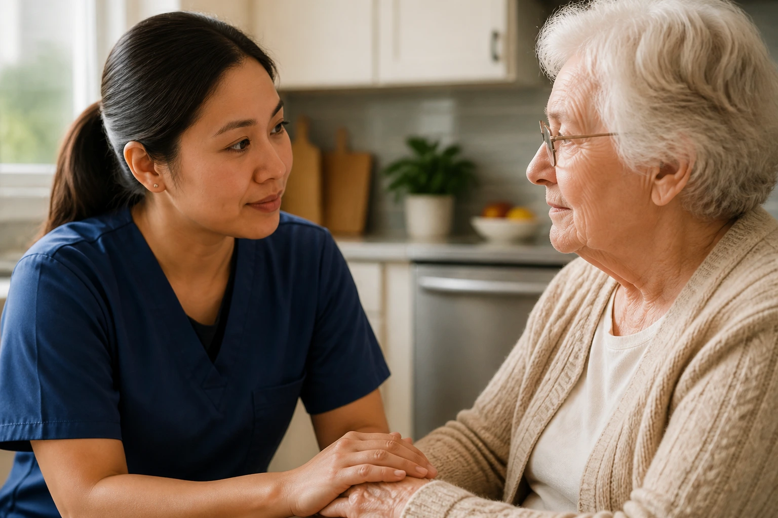 Caregiver in a kitchen adjusting to Canadian home-care culture