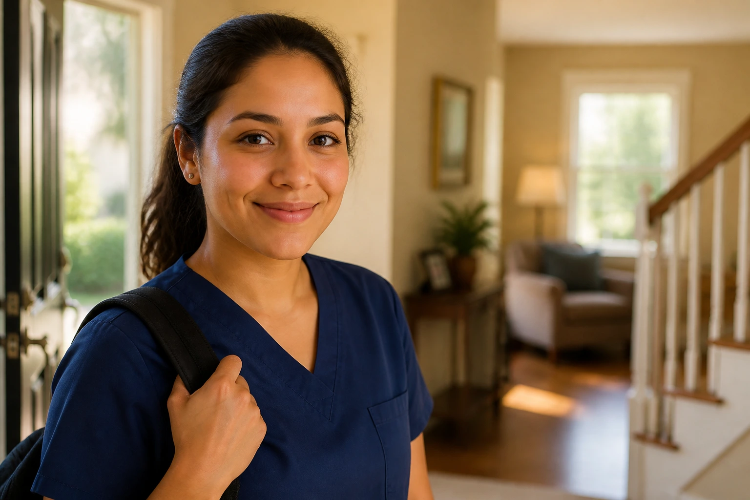 Caregiver standing in front of a home entry with a work bag, representing irregular hours and shift realities.