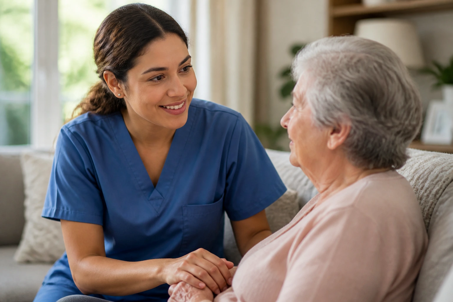 Close-up portrait of a home health aide in scrubs in a cozy home, conveying professionalism and care