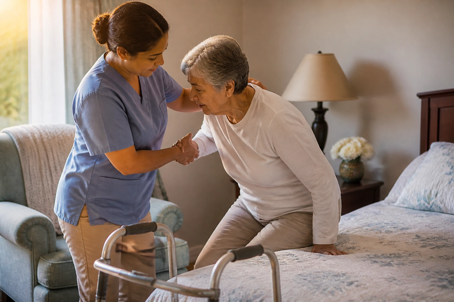 Close-up of home health aide assisting elderly client in private home