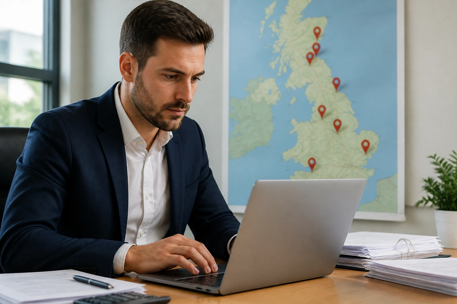 Accountant using a laptop with a map showing sponsor locations in the background.