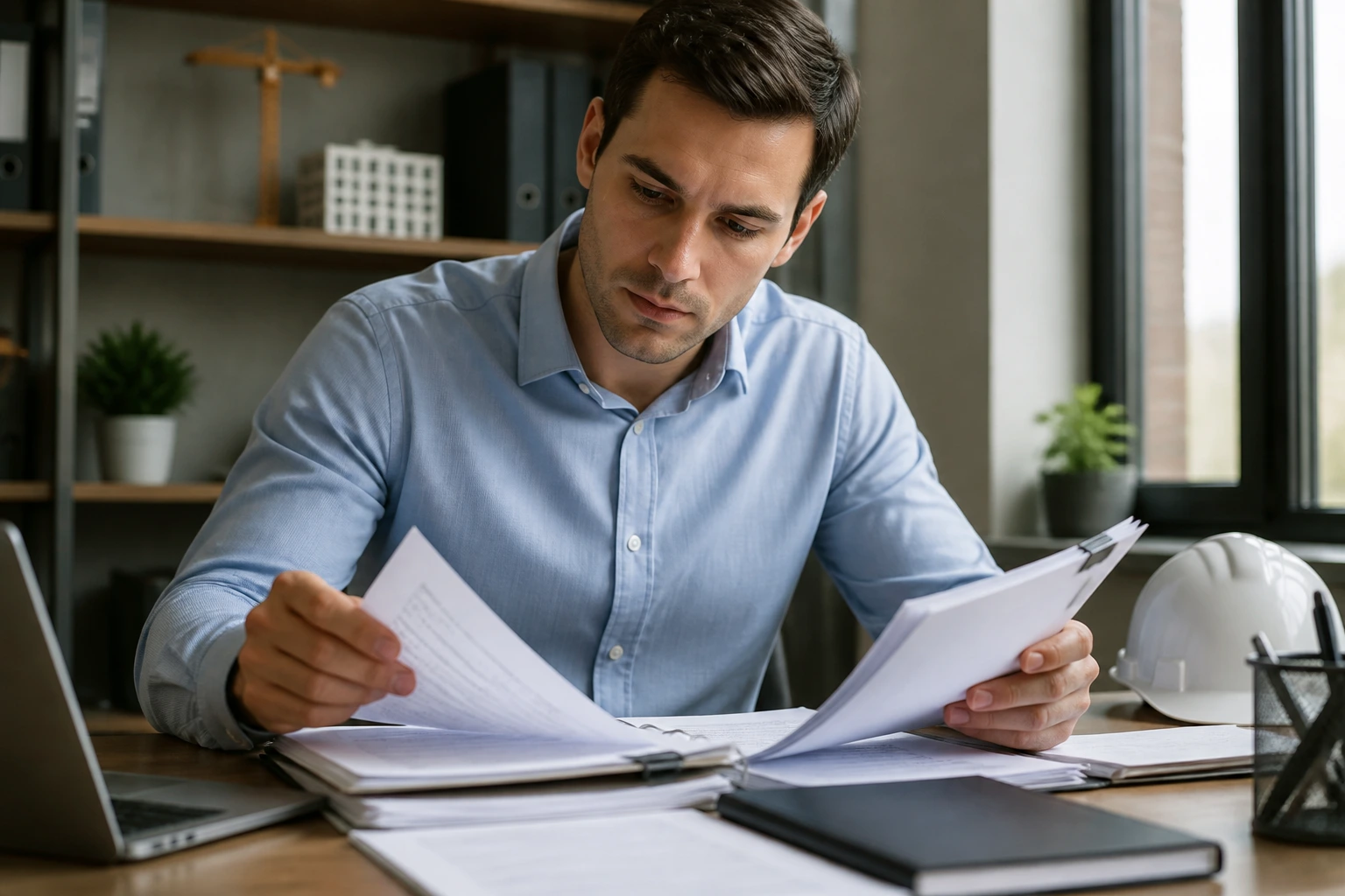 Professional organizing documents at a desk for visa application.
