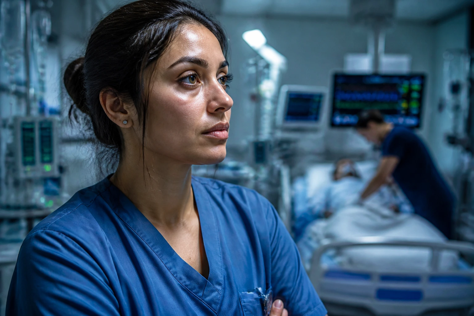 Nurse facing challenges of hospital integration in ICU.