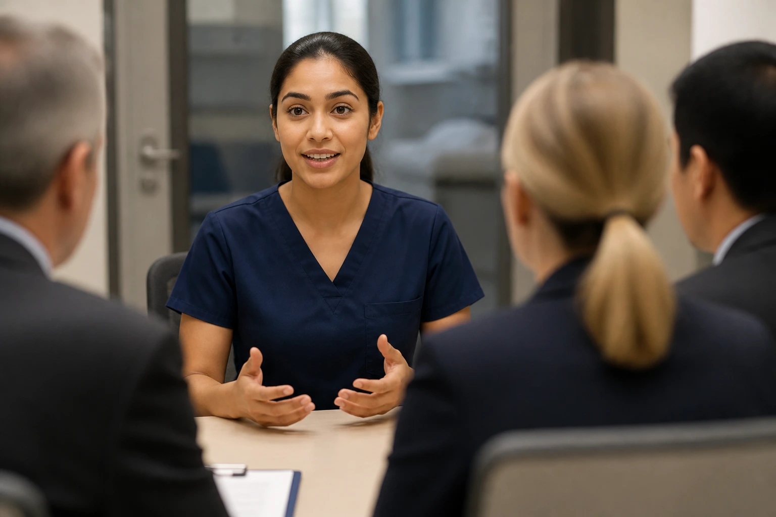 Real candidate during hospital interview showing calm and safety awareness