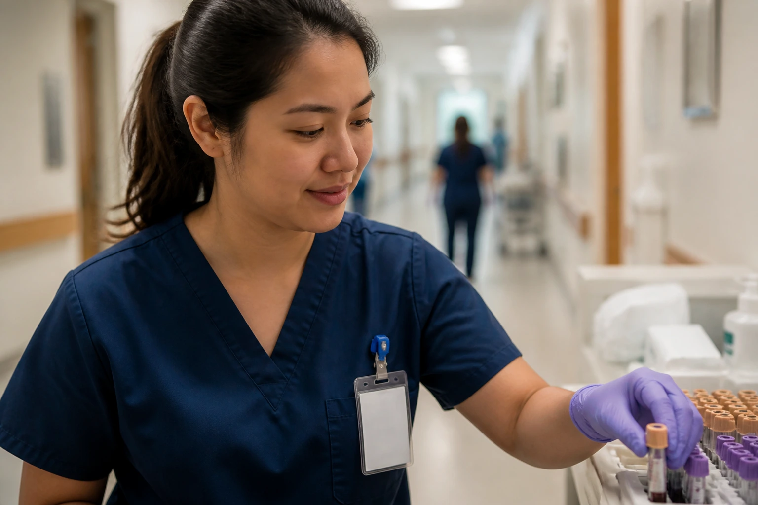 Phlebotomist in hospital corridor during orientation