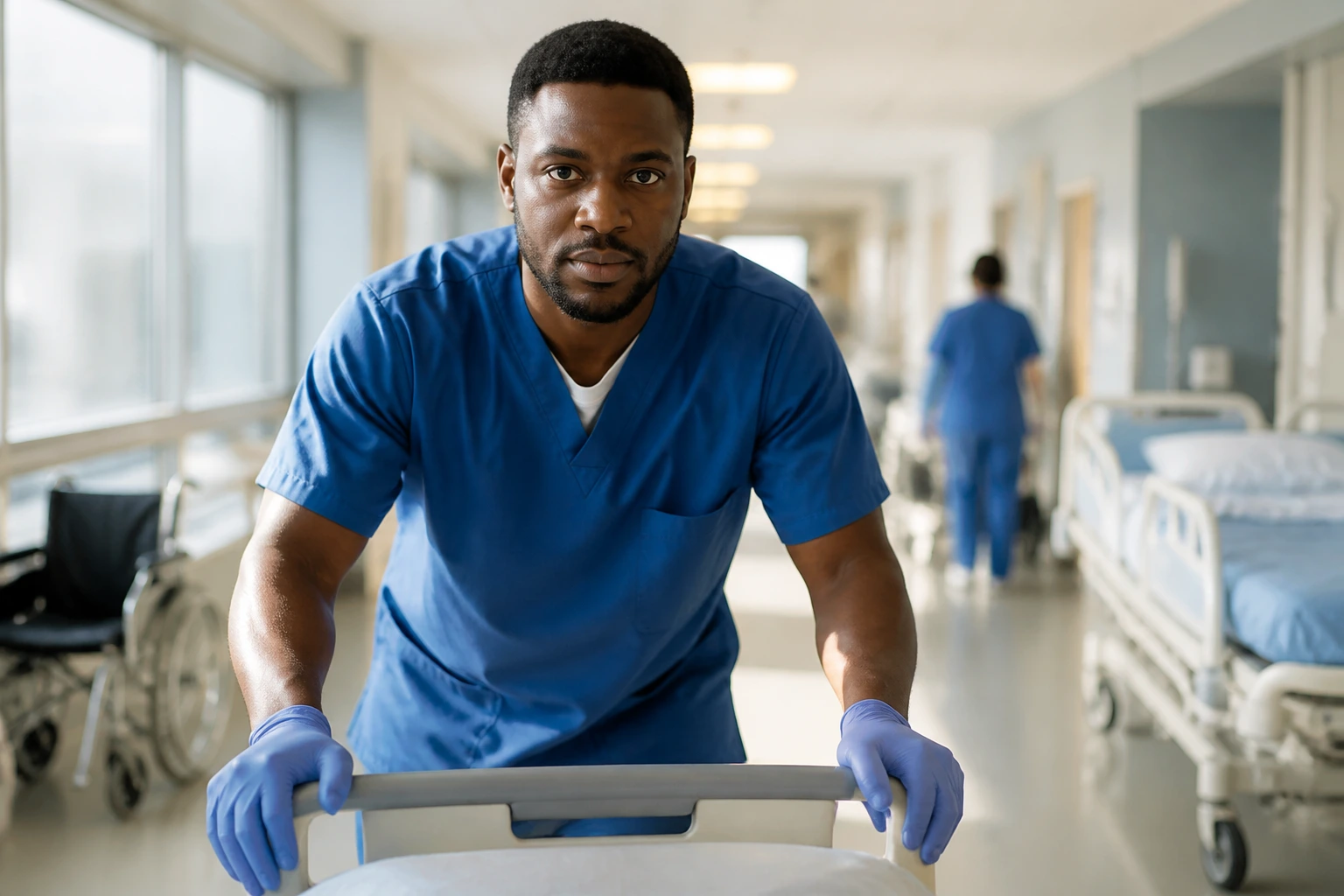 Close-up of a hospital orderly in blue scrubs on a morning shift in a Canadian hospital corridor