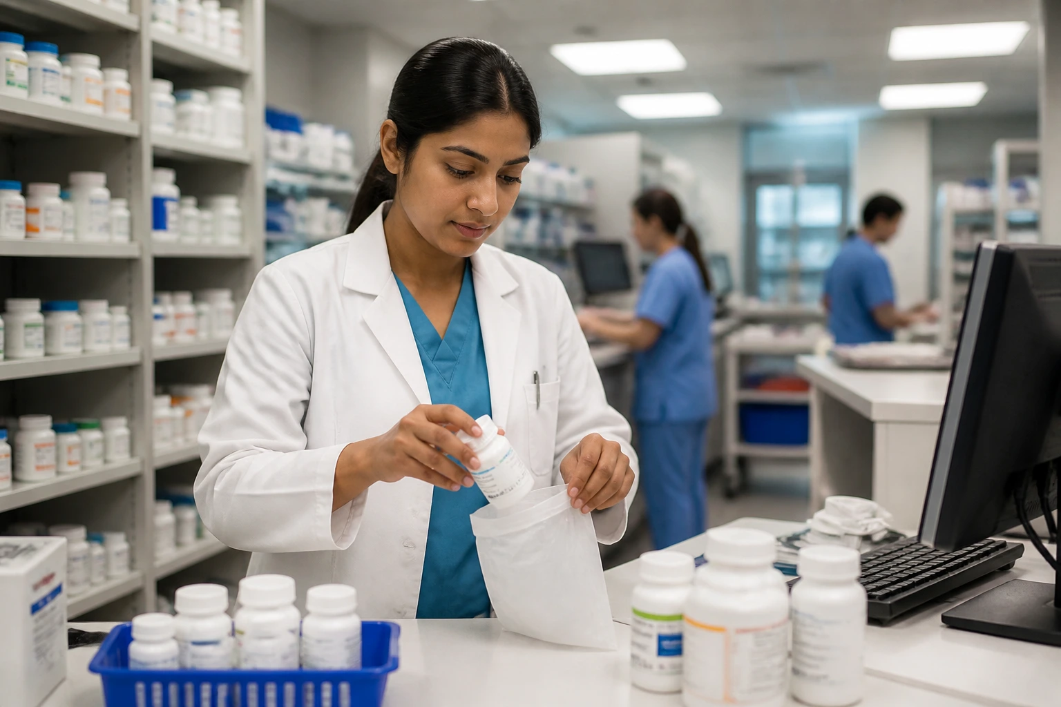 Pharmacist at a hospital pharmacy dispensing counter