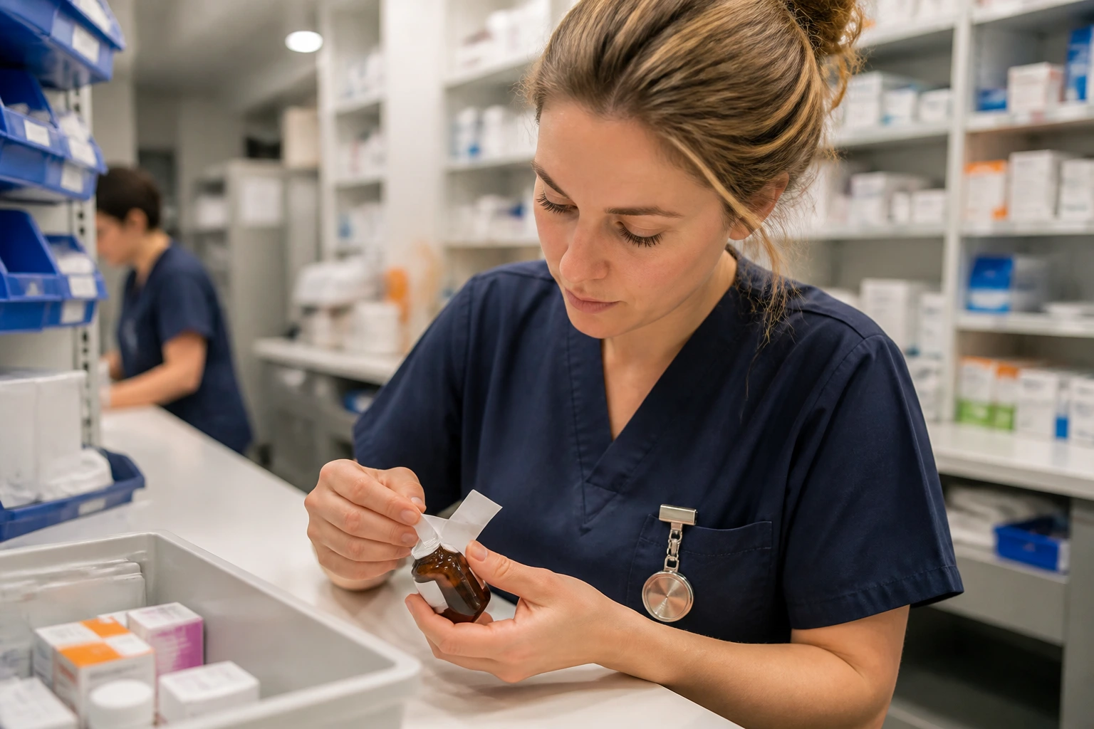 Hospital pharmacy technician at a workstation labeling medicines