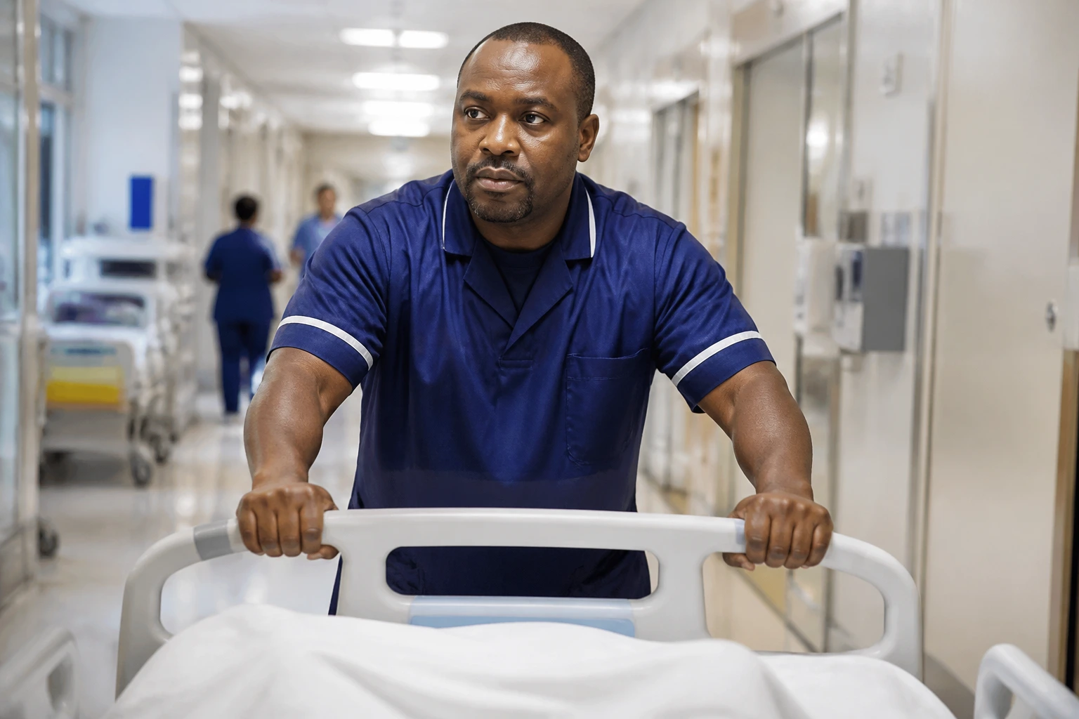 Close-up of a hospital porter in uniform pushing a bed down a bright hospital corridor