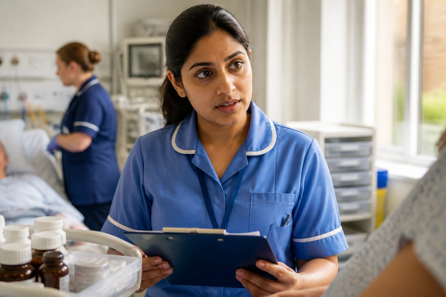 Hospital ward pharmacy technician at bedside with nurse
