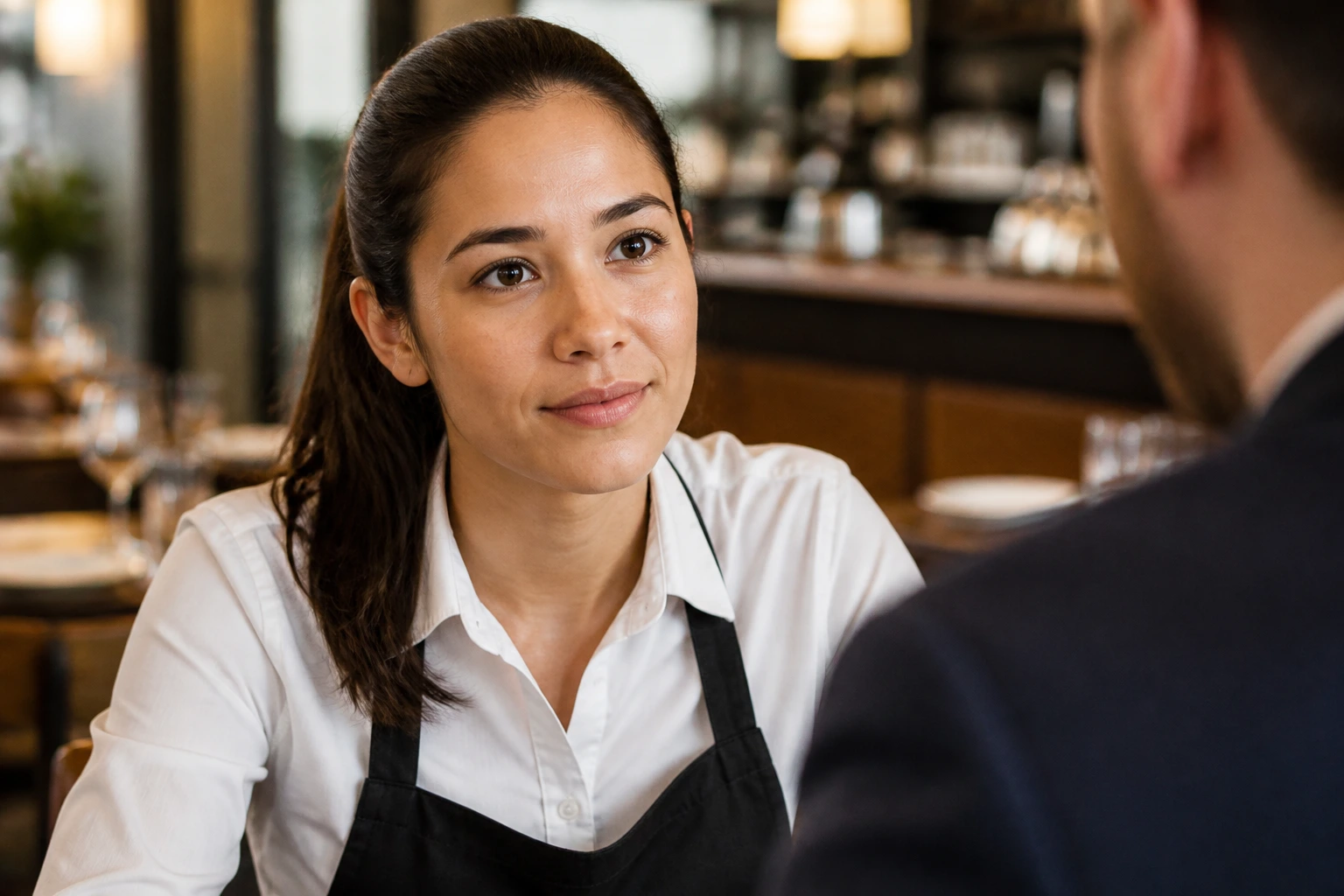 Candidate in a restaurant interview scene, attentive and ready.