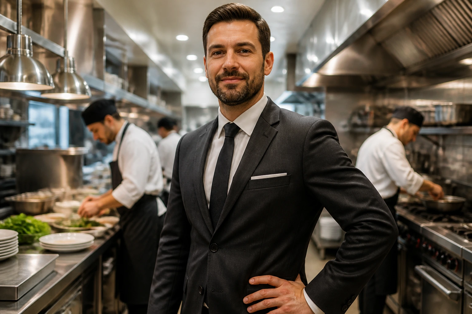 Portrait of a restaurant manager in a busy kitchen