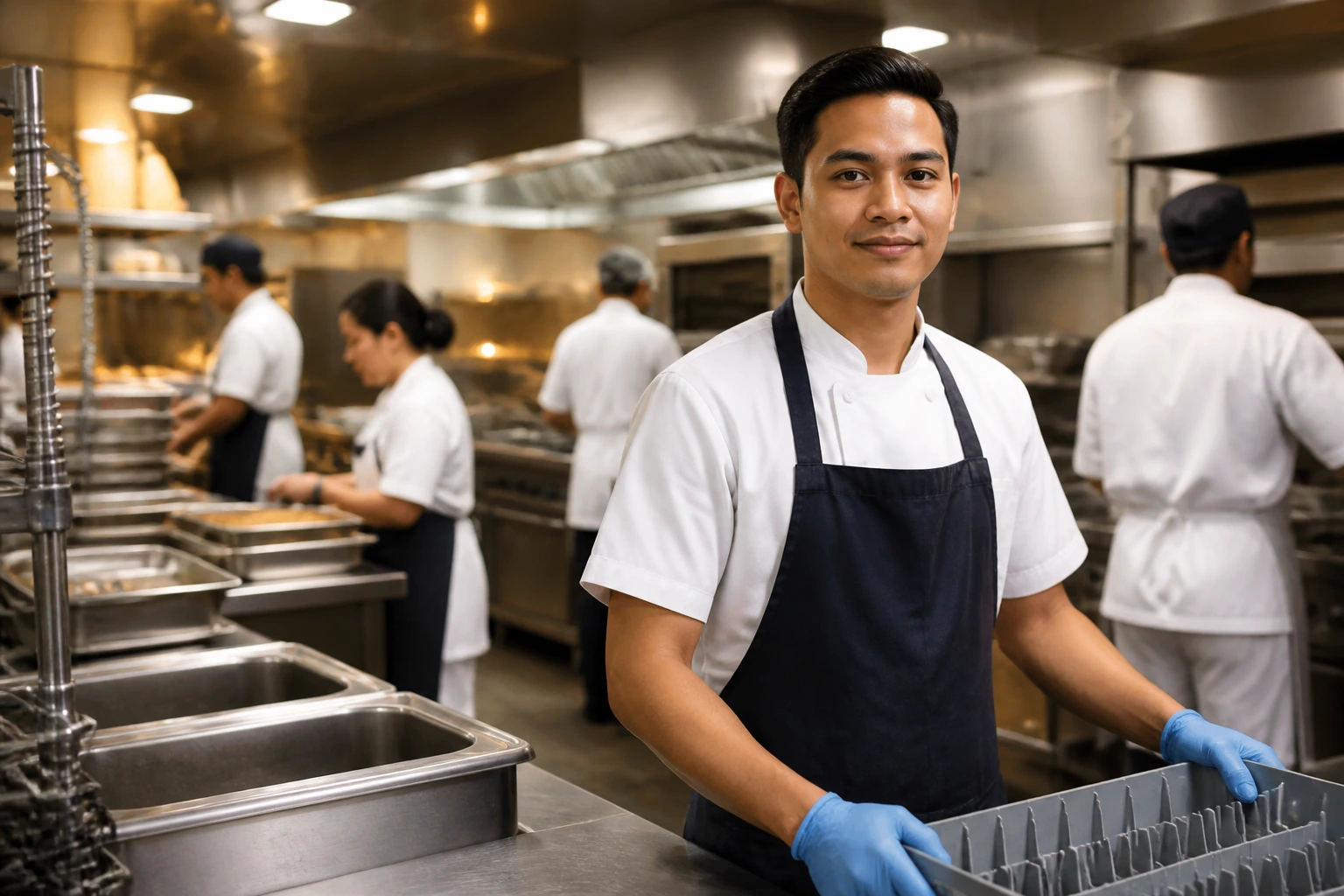 Kitchen staff in a large hospitality kitchen with sponsor-related opportunities hint