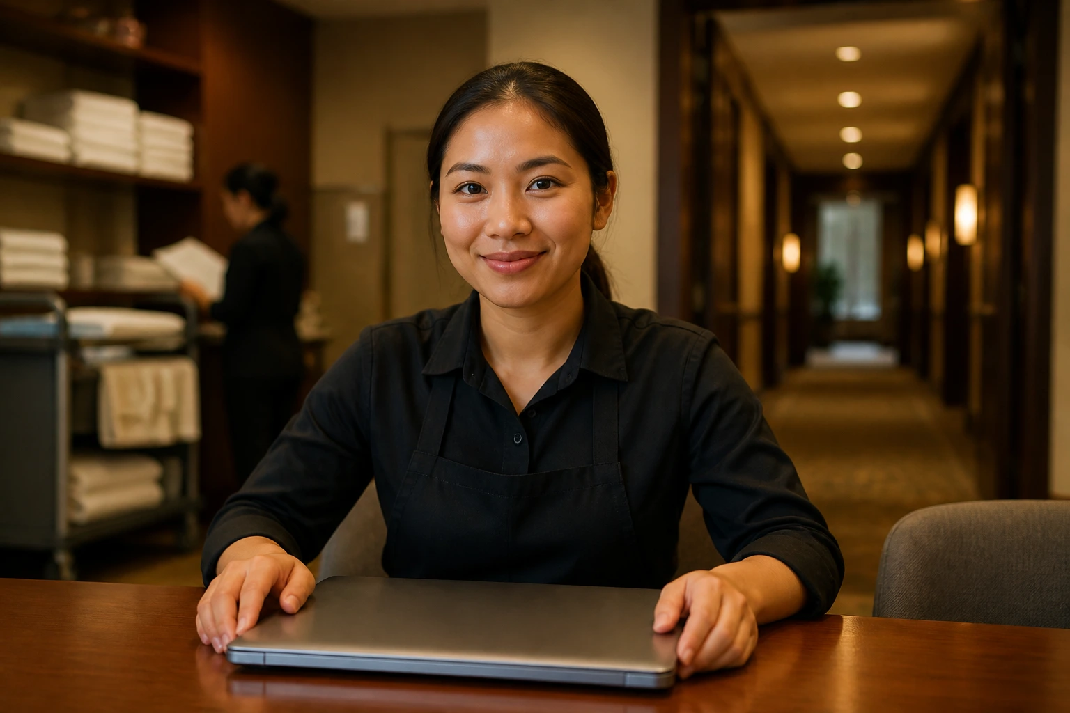 Job seeker in hotel staff room using a laptop to explore hospitality vacancies in Australia