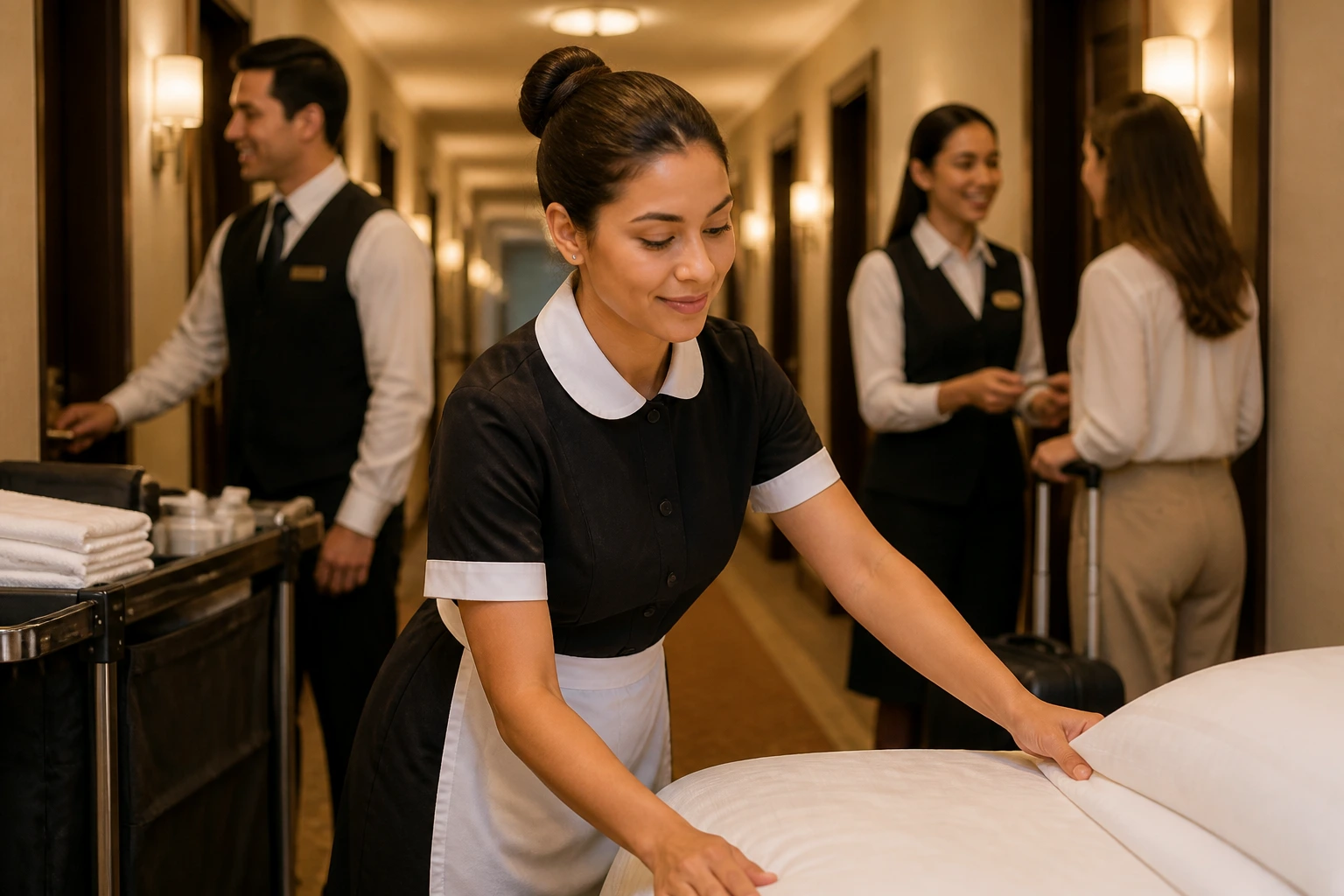 Hotel staff member in uniform in hotel corridor