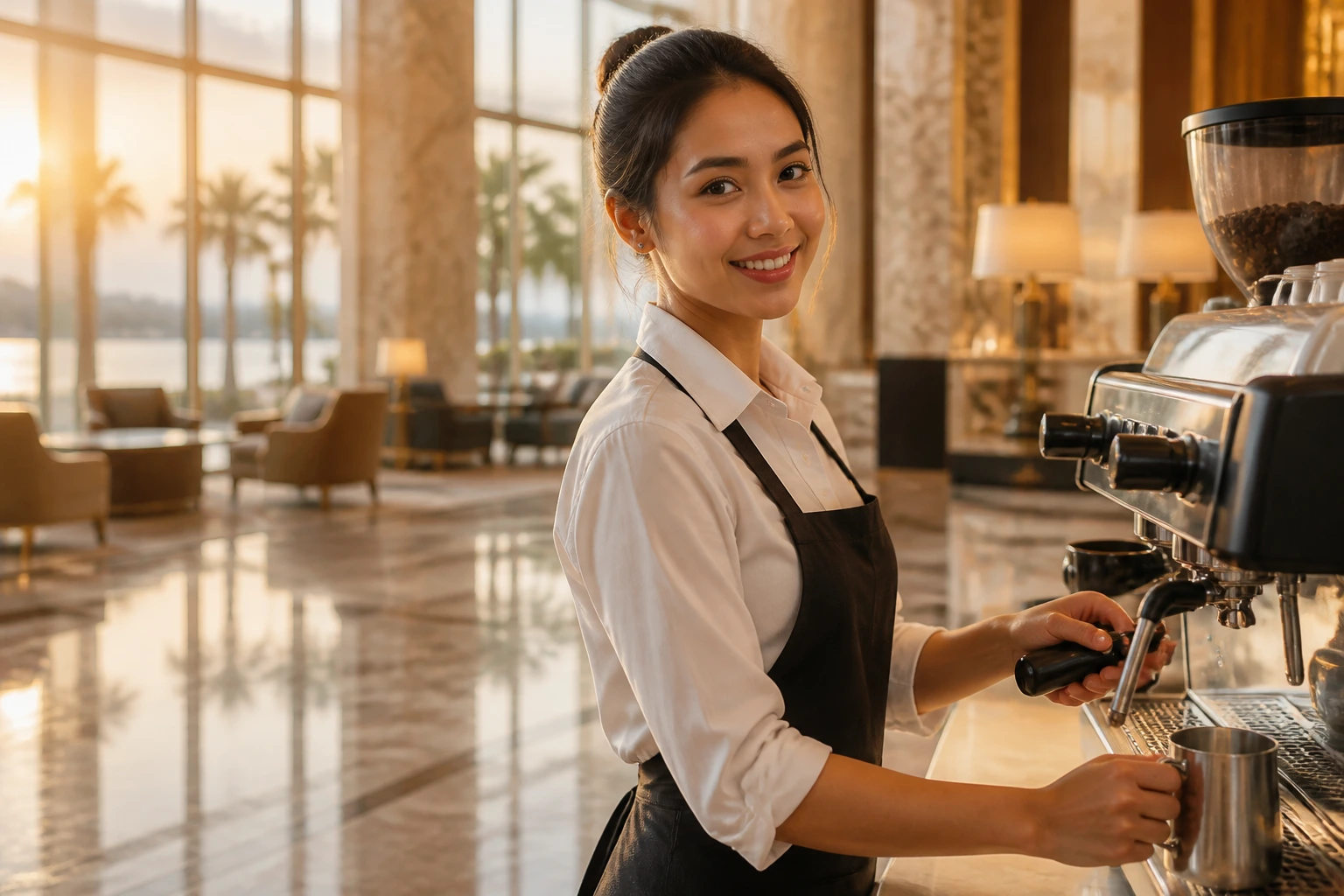 Barista in a luxury hotel lobby cafe during dawn