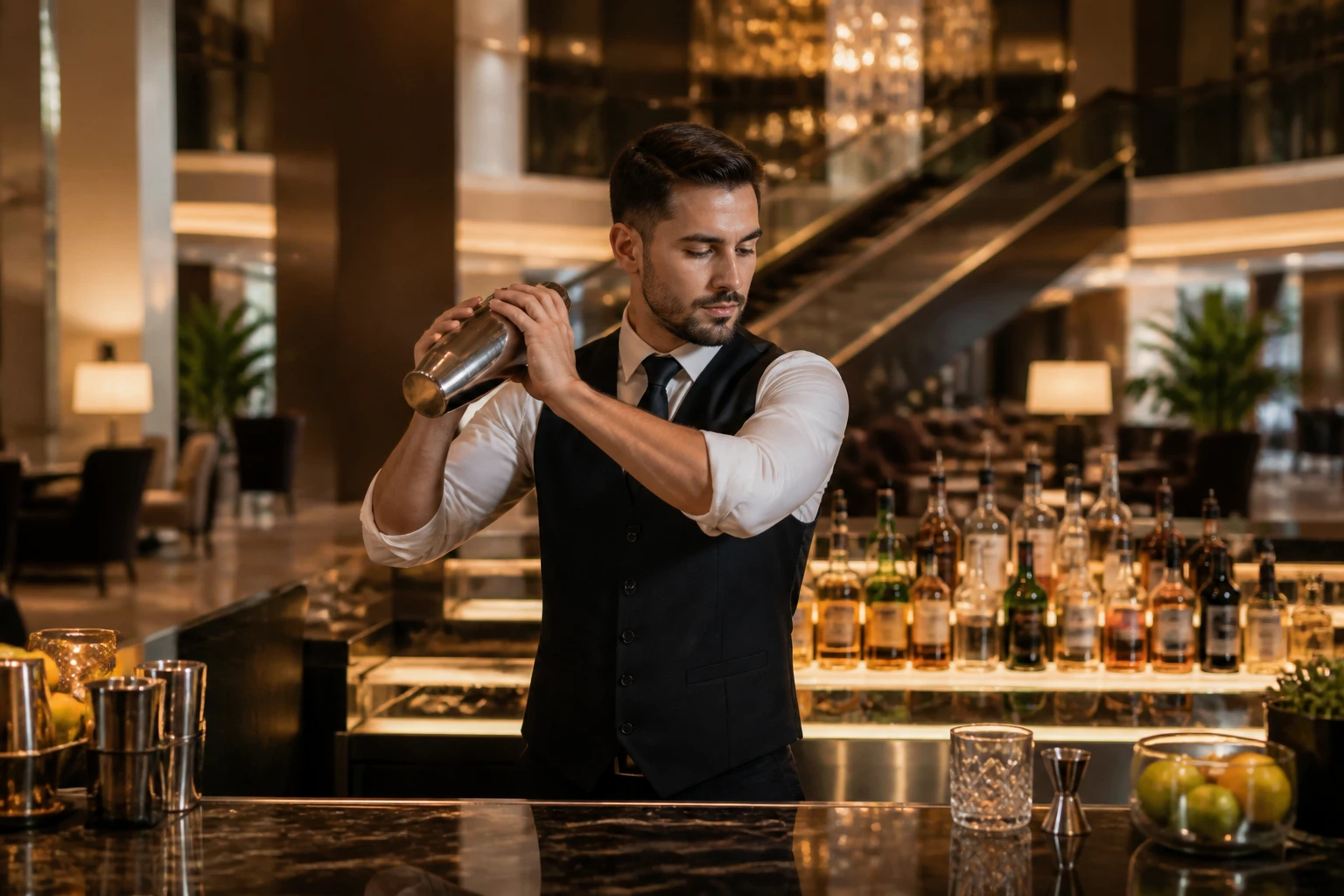 Bartender in hotel lobby bar with upscale ambiance