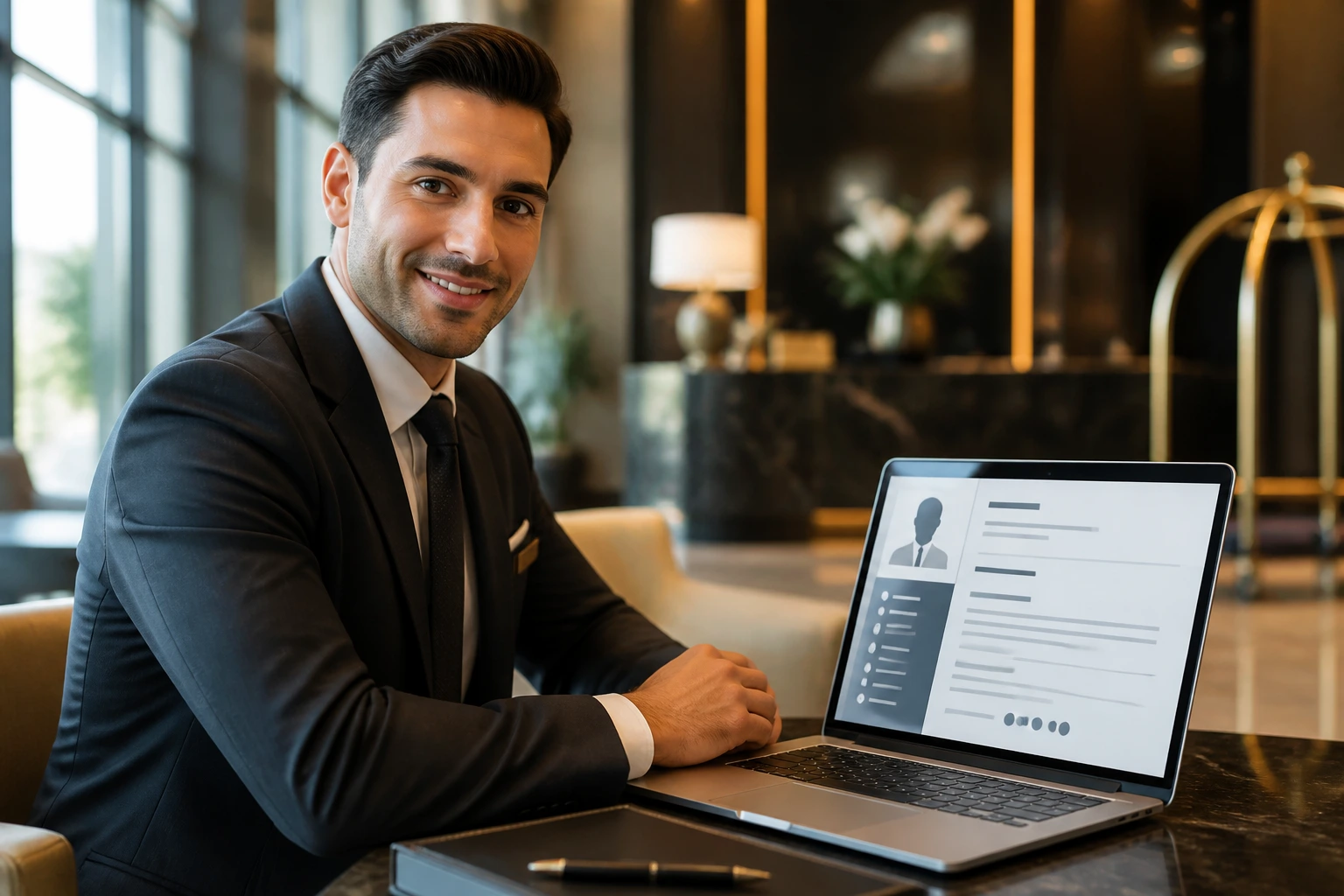 Portrait of a hotel professional using a laptop with an abstract CV layout