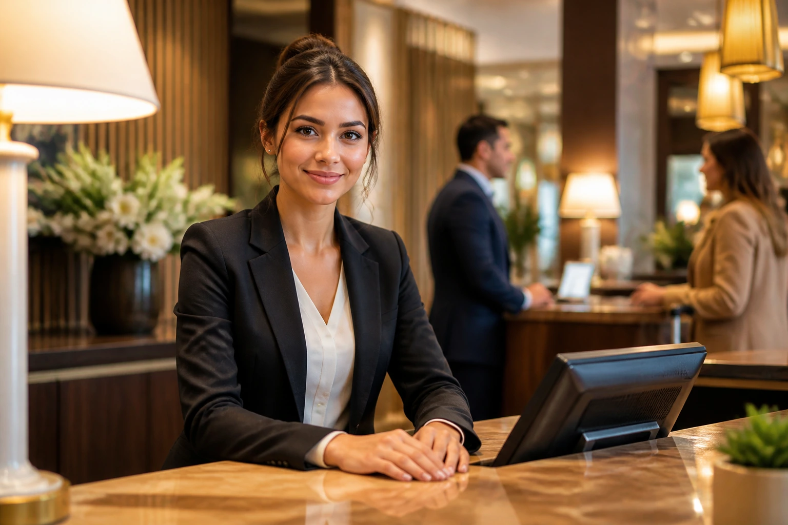 Front desk agent at the counter with a friendly greeting in a busy hotel lobby