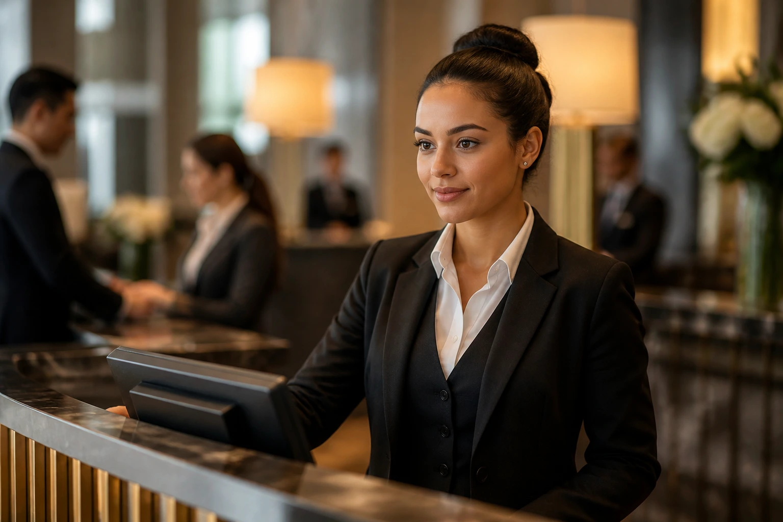 Front desk agent on shift in a busy hotel lobby illustrating job realities.