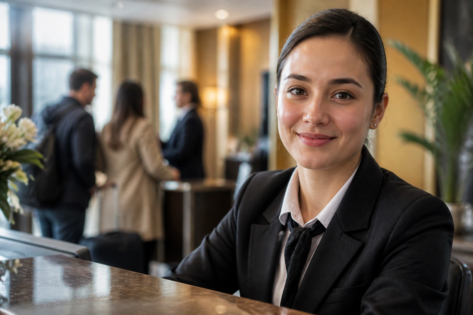 Close-up of a hotel front desk agent in a warm, busy lobby