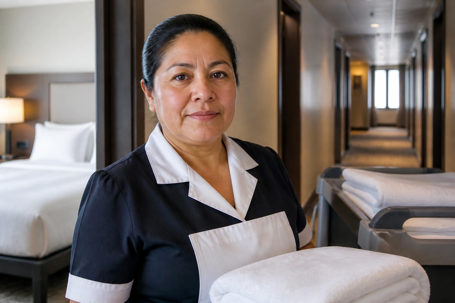 Close-up portrait of a real hotel housekeeper in uniform in a softly lit corridor