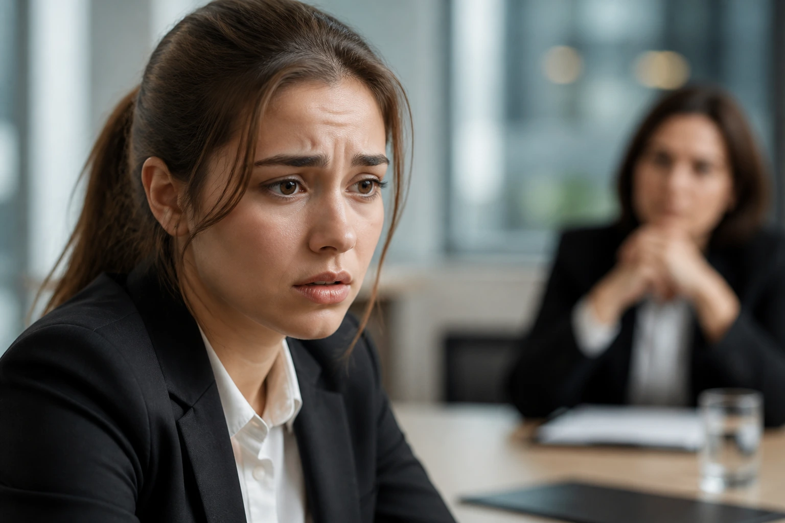 Close-up portrait of a candidate during an interview showing anxiety or uncertainty