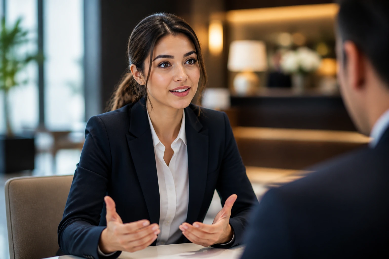 Candidate answering interview questions with a confident, composed look
