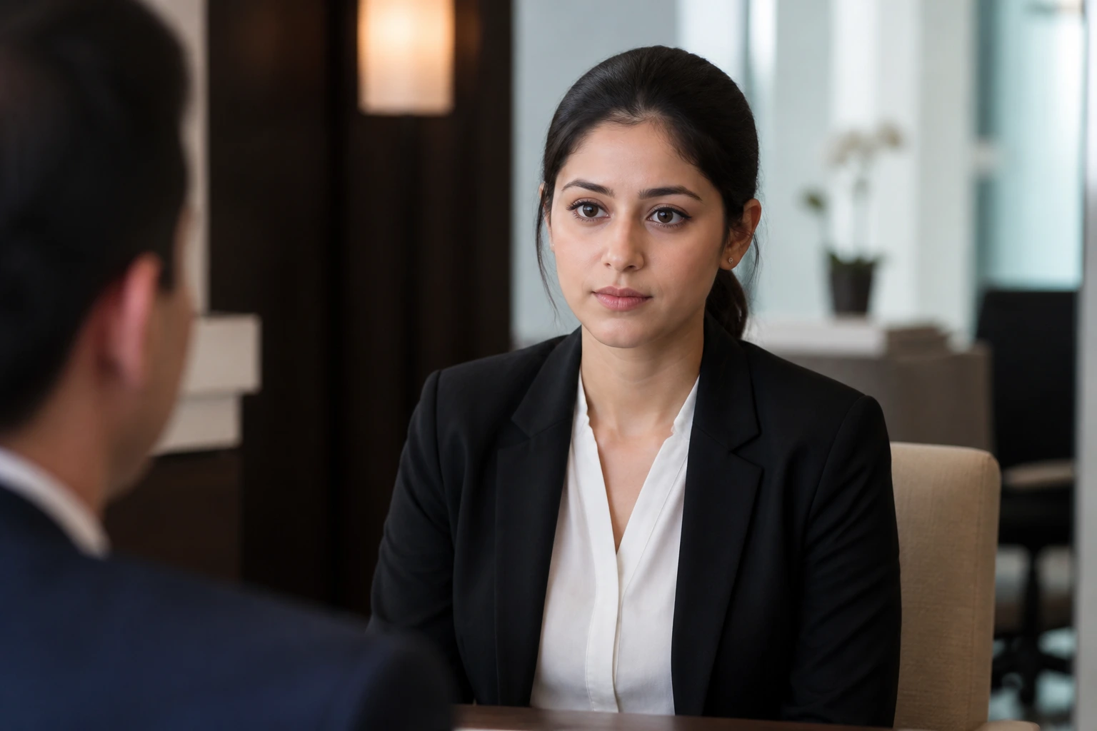 Close-up portrait of a candidate during a hotel interview
