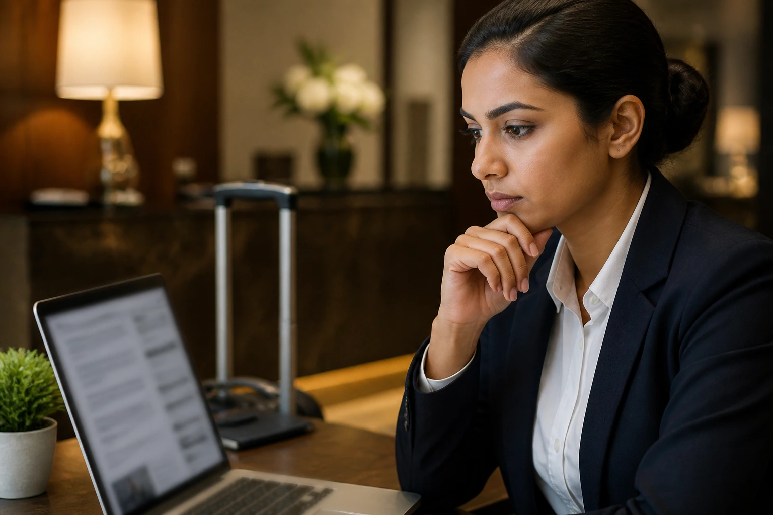 Person analyzing a hotel job posting on screen with blurred text