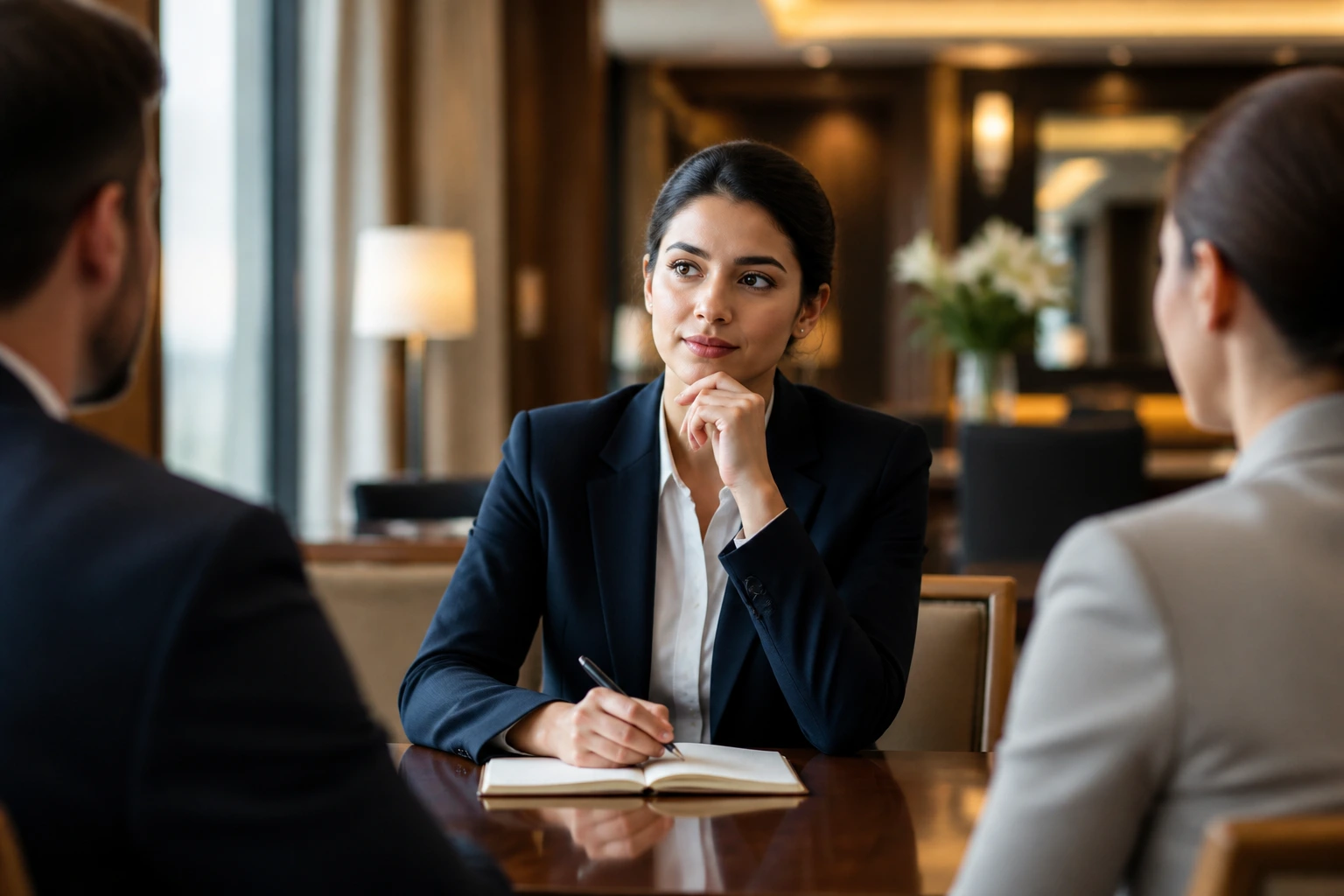 Professional in hotel HR setting considering questions for a sponsored job