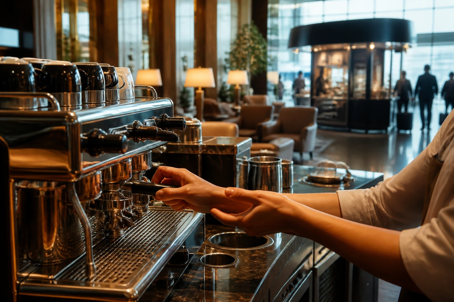Close-up of a hotel lobby espresso bar with a barista at work, airport kiosk backdrop, warm lighting