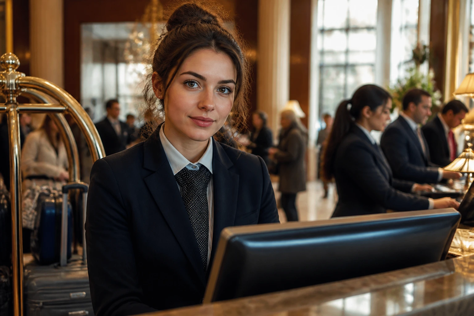 Medium close-up of a hotel receptionist at a busy lobby desk showing pace and rhythm of early months