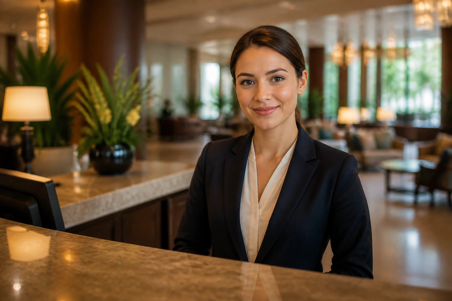 Hotel receptionist at a front desk in a warm lobby