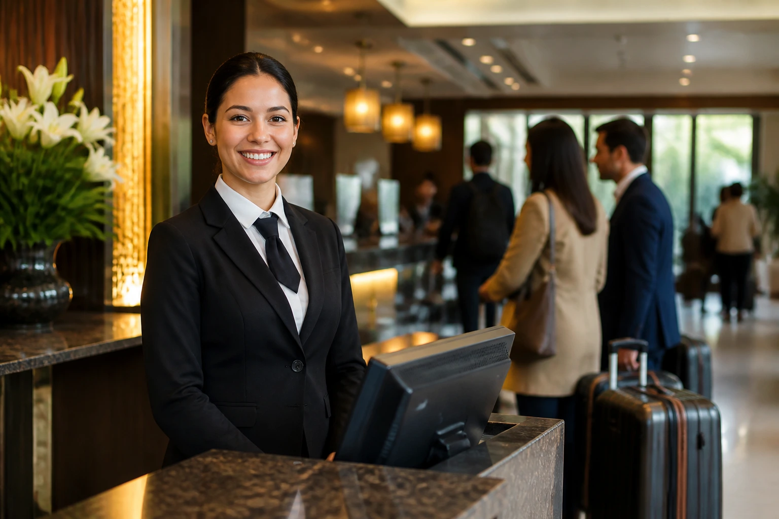 Hotel front desk agent in a busy lobby