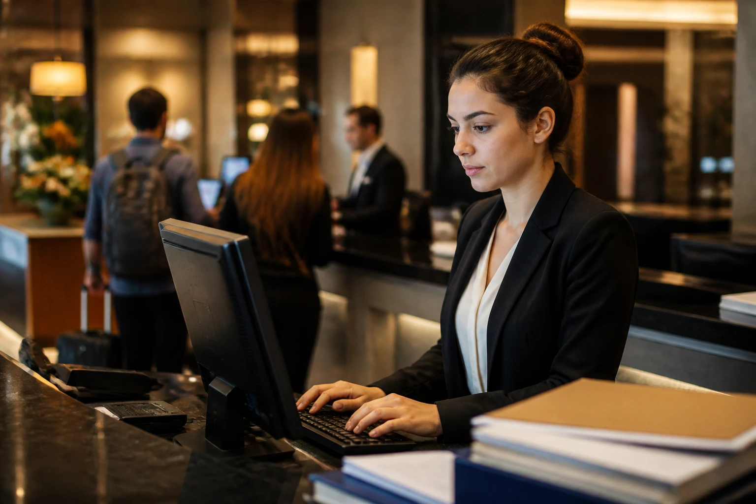 New hotel front desk agent typing at a computer during onboarding in a warm lobby