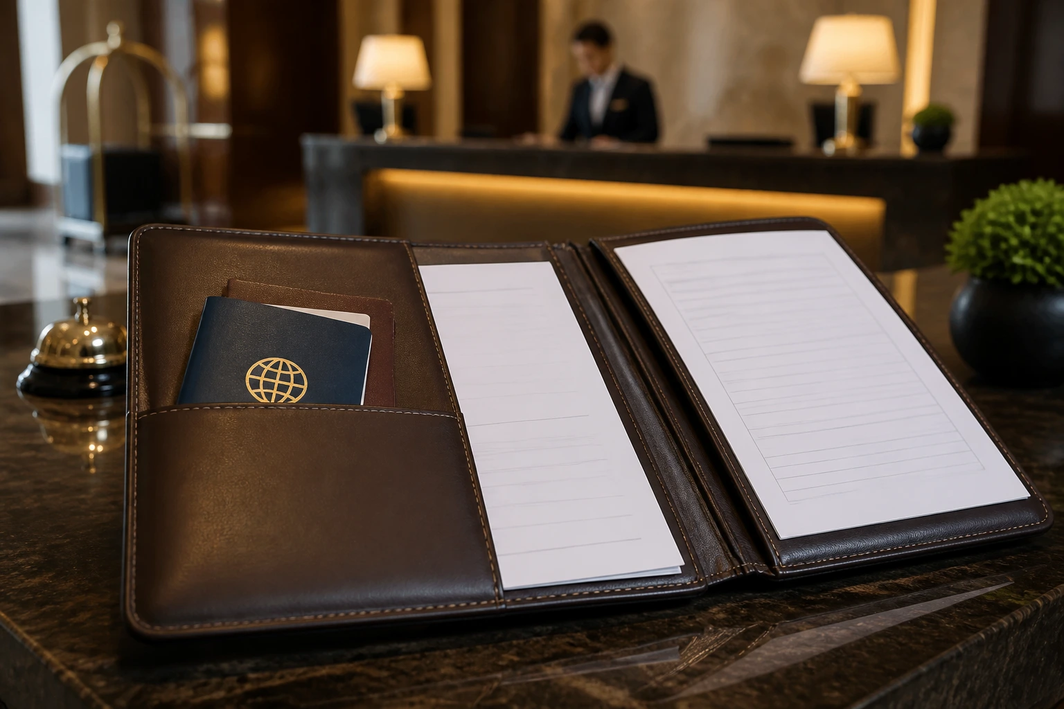 Close-up of a folder with blank documents and a passport silhouette on a hotel desk
