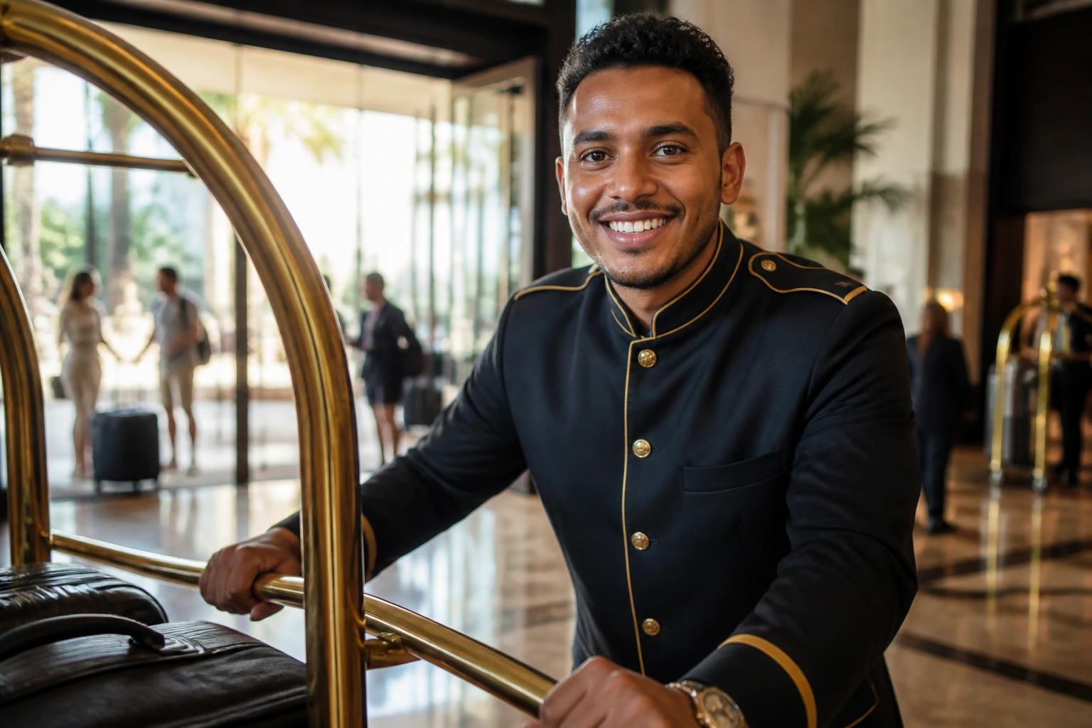 Close-up of a hotel porter pushing a luggage trolley in a busy Australian hotel lobby
