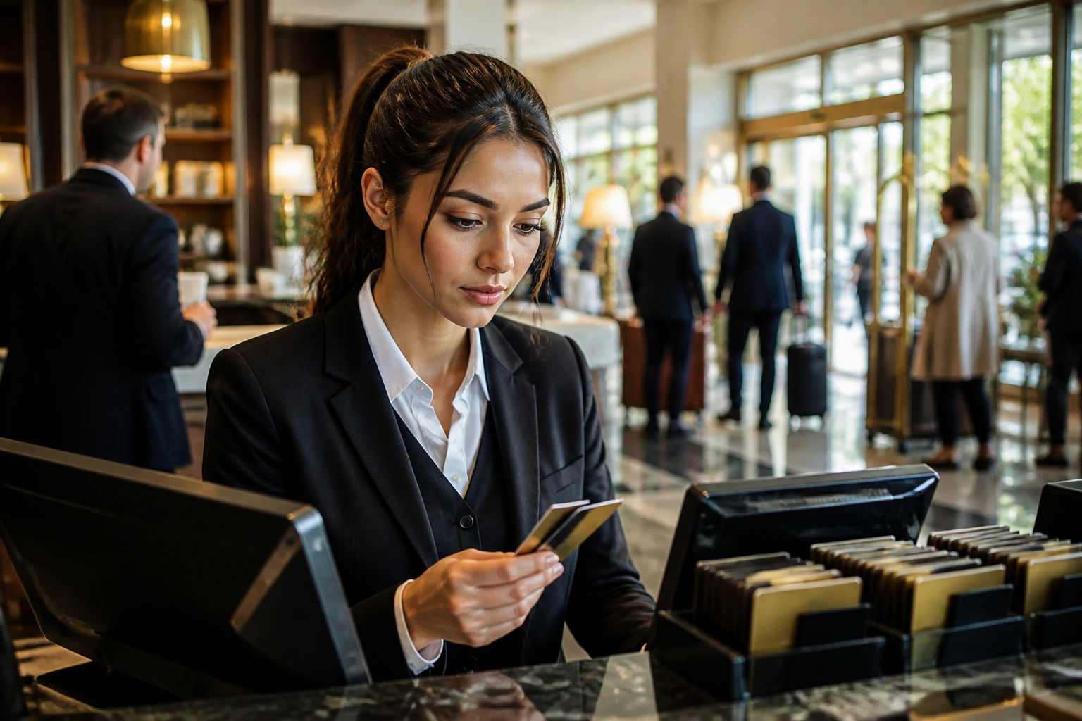 Portrait of a hotel receptionist trainee at a front desk in a lively lobby during daytime