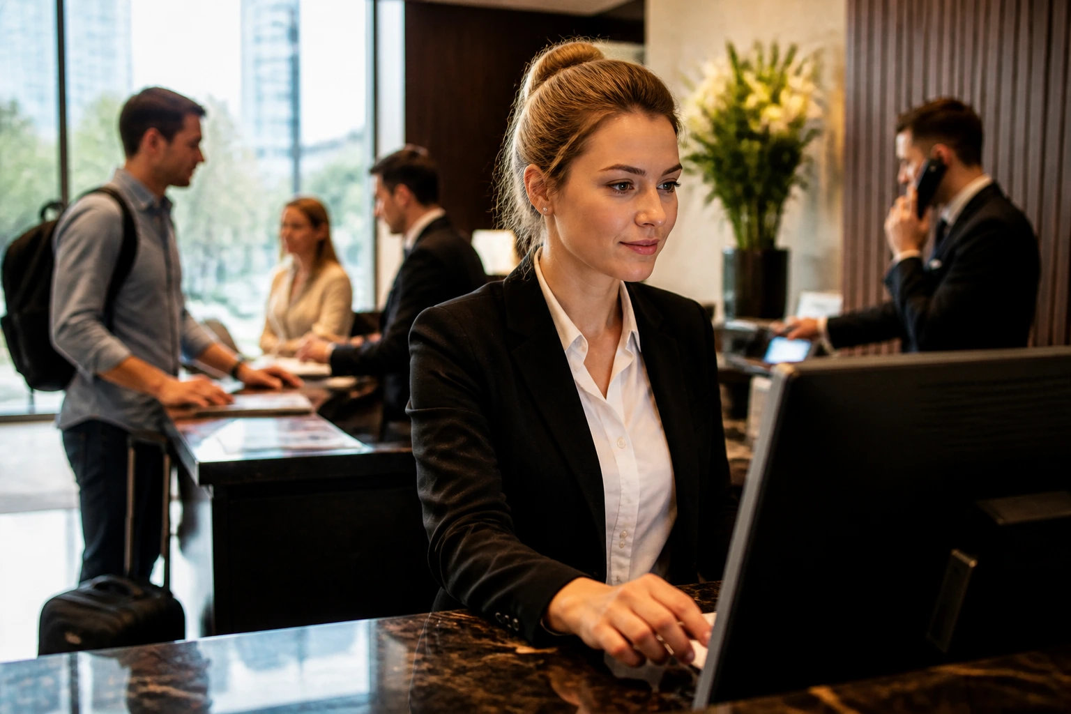Close-up of Australian hotel receptionist at busy front desk during late afternoon
