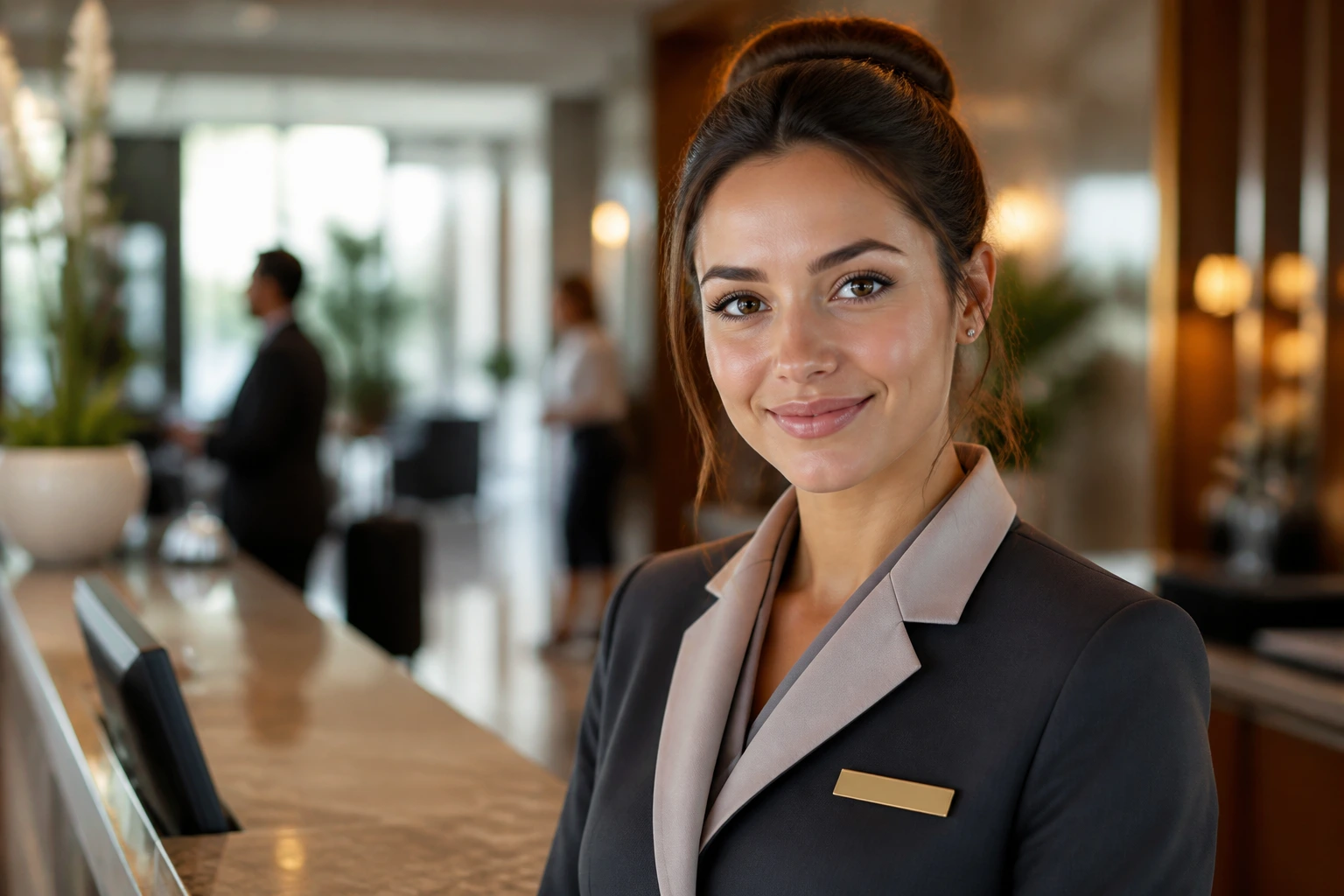 Portrait of a hotel receptionist in a warm Australian lobby