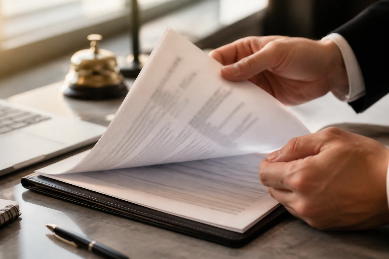 Close-up of hands turning a blurred-text job advert document on a desk in an office