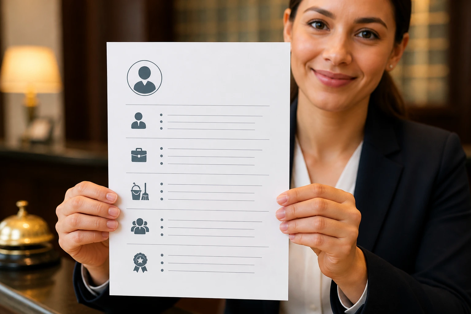 Portrait of a person presenting a word-free resume sheet with icons