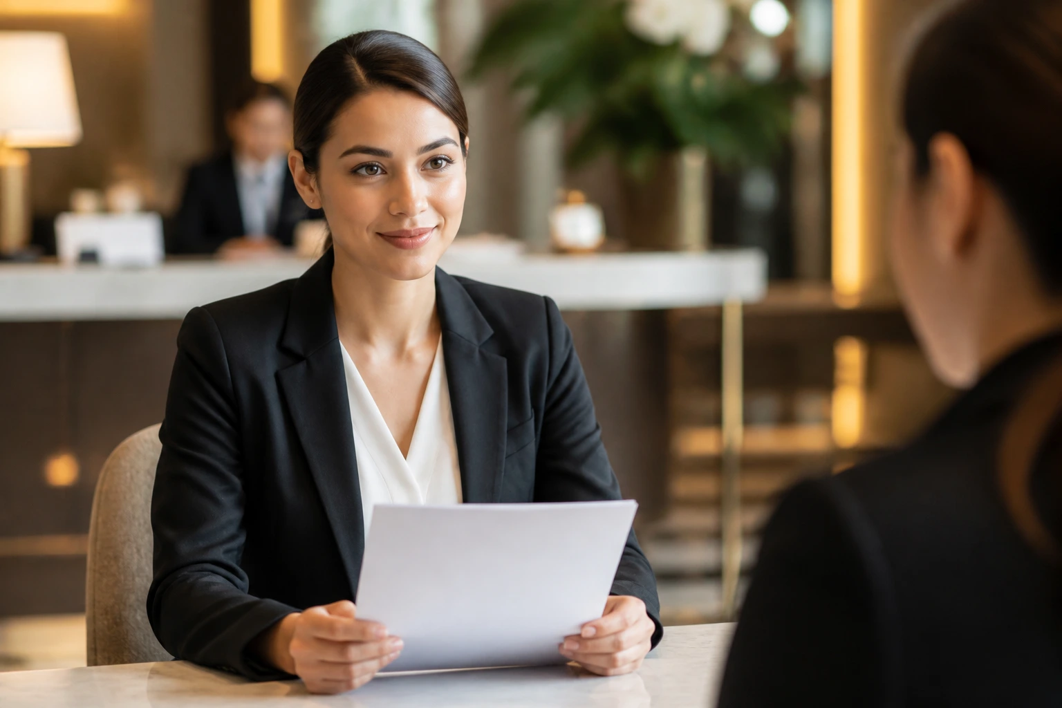 Confident job candidate in professional attire during a hotel interview setting